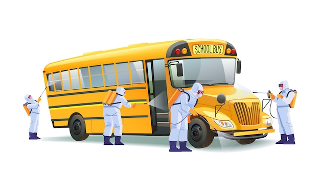 Вектор Дезинфекция коронавируса карантин в школе пустой желтый школьный автобус без детей команда hazmat в защитных костюмах обеззараживает школьный автобус во время вспышки вируса мультфильм векторная иллюстрация