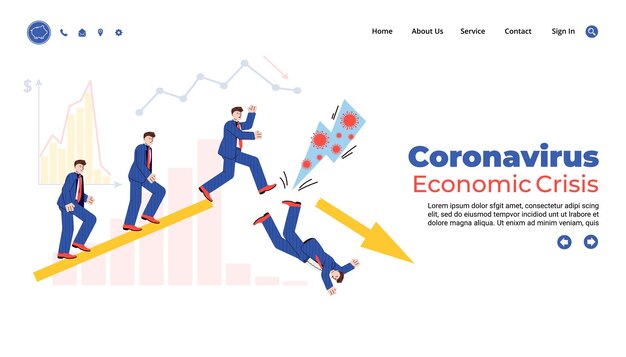 Interfaccia della pagina web della crisi economica del coronavirus con l'illustrazione vettoriale delle persone