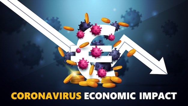 Impatto economico del coronavirus, banner con segno tridimensionale di euro bianco con monete d'oro intorno, circondato da molecole di coronavirus e freccia bianca un grafico economico in calo