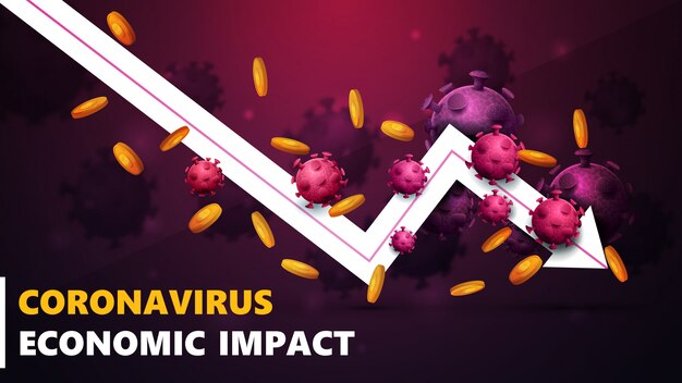 Экономическое воздействие коронавируса, баннер с белой стрелкой, падающий экономический граф с золотыми монетами вокруг и в окружении молекул коронавируса.