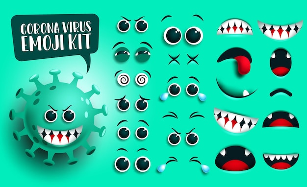 Coronavirus emoji kit vector set Covid19 corona virus emoticon en pictogram bewerkbare ogen en mond