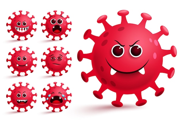 Coronavirus emojis vector set Red covid19 virus emojis and emoticons with scary facial expression