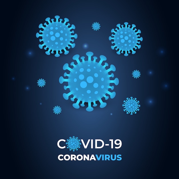 Cellula covid-19 di infezione da coronavirus su un fondo astratto blu scuro. simbolo di coronavirus sfondo scuro vettoriale. sfondo di rischio di pandemia covid-19.