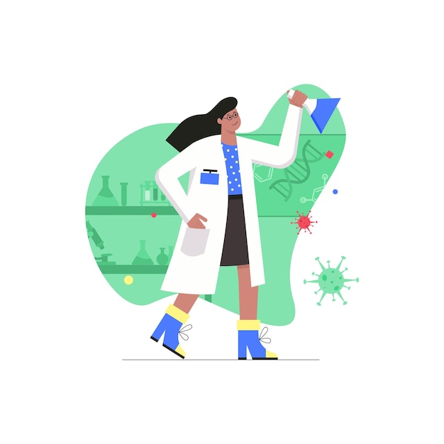 Coronavirus infection disease modern flat concept. woman scientist research virus in laboratory and develops vaccine. science and medicine. vector illustration with people scene for web banner design