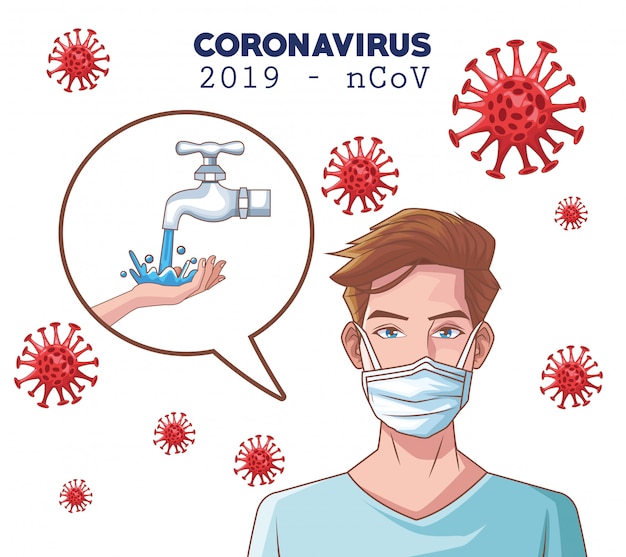 Infografica di coronavirus con uomo che usando la maschera