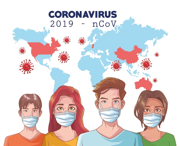 マスクと世界地図を使用している人々とコロナウイルスのインフォグラフィック