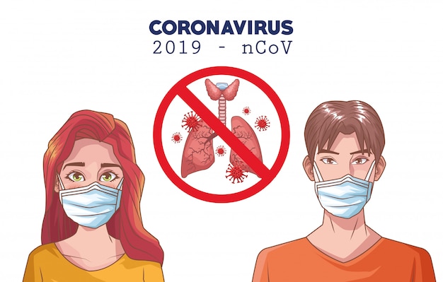 Infografica di coronavirus con persone che usano maschera e polmoni