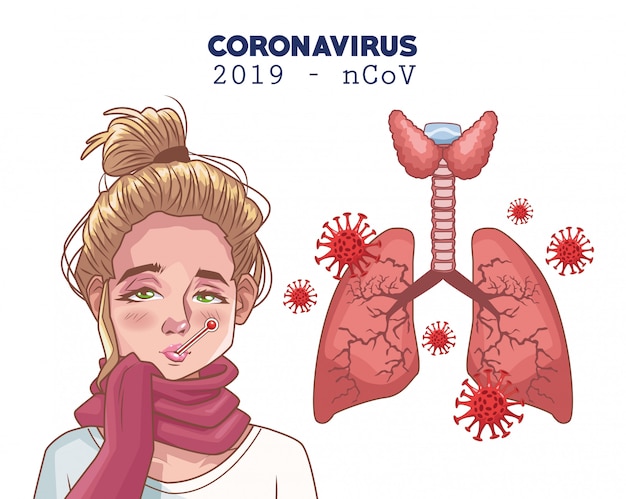 Infografica di coronavirus con donna malata e polmoni