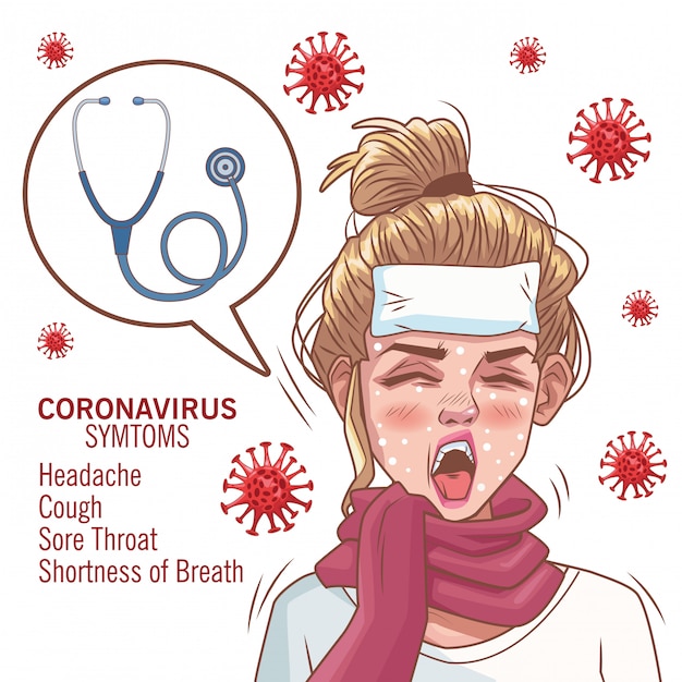 coronavirus infographic with sick woman and stethoscope vector illustration design