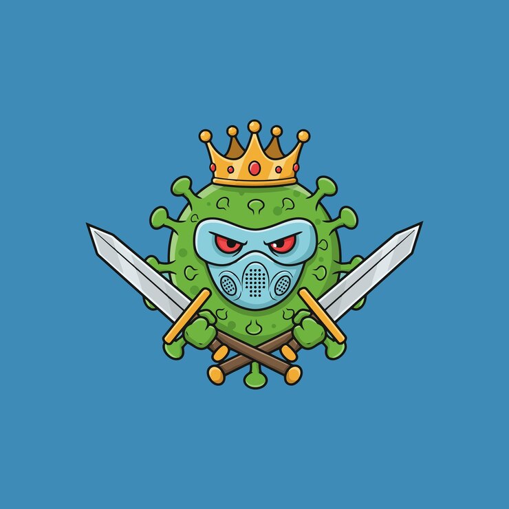 Vector coronavirus king crowned virus with swords cartoon style