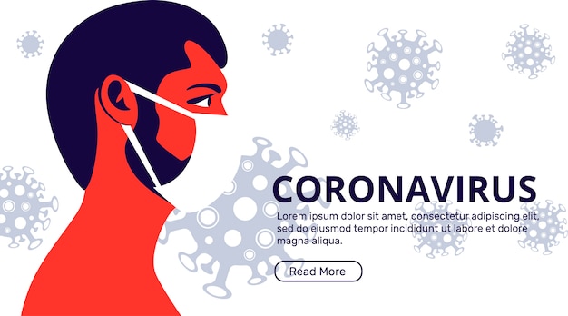 Pagina di destinazione del coronavirus con un uomo che indossa una maschera medica