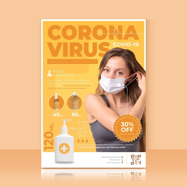 Coronavirus medische producten flyer-sjabloon met foto