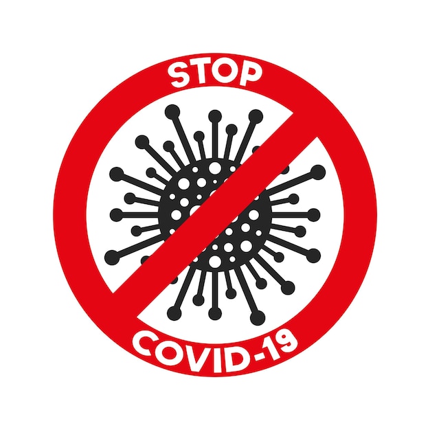 Coronavirus, ncov, covid - 19-logo. Waarschuwingsbord. Virus cartoon icoon met eenvoudige inscriptie en rood stopsymbool. Vector bacteriën ontwerp.