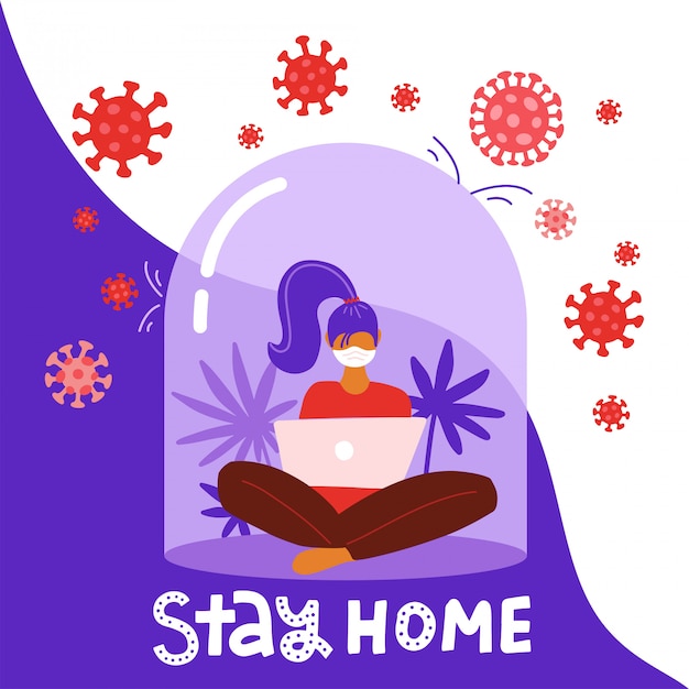 Coronavirus outbreak concept. A girl sits in a meditation pose with laptop under a glass cap. Covid-19 virus in air. Staying home with self quarantine. Protect from viruses. flat illustration