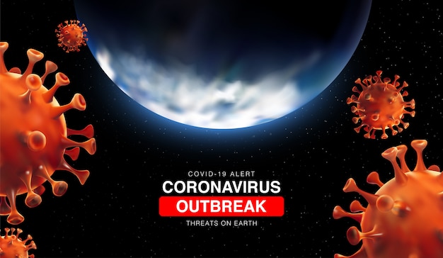 Vettore minacce di focolaio di coronavirus sulla terra con illustartion 3d della terra e cellula di coronavirus. epidemia cinese 2019-ncov a wuhan. virus covid 19-ncp. bacground di paesaggio 3d