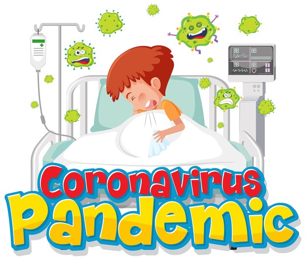 Banner pandemia di coronavirus con personaggio dei cartoni animati paziente ragazzo