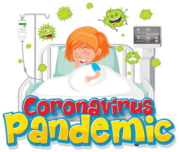 Banner pandemia di coronavirus con personaggio dei cartoni animati paziente ragazza