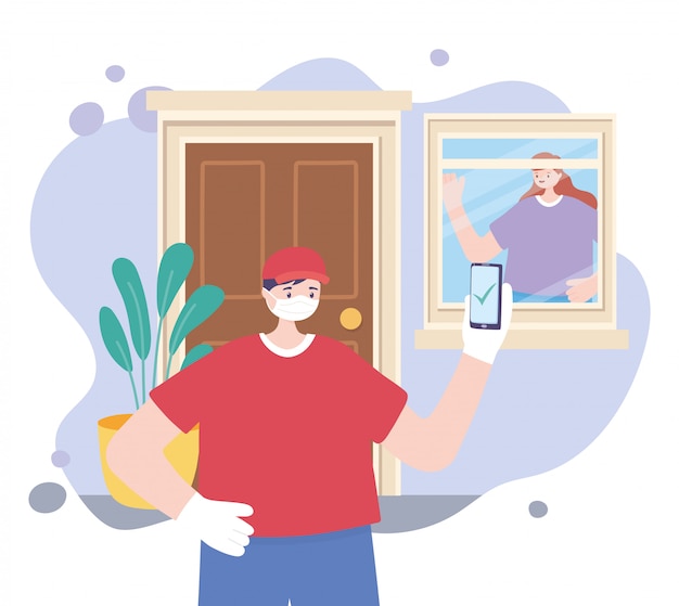 coronavirus pandemic, delivery service, delivery man with smartphone and customer in home, wear protective medical mask
