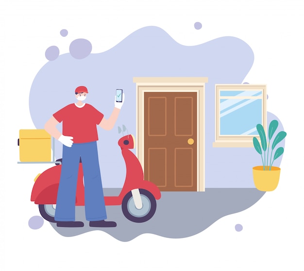 Vector coronavirus pandemic, delivery service, delivery man with smartphone and motorcycle, wear protective medical mask