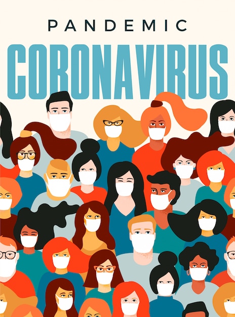 Coronavirus pandemie, illustratie van mensen in wit medisch gezichtsmasker