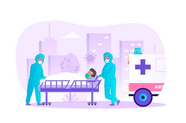 Vector coronavirus patient is hospitalized by ambulance flat design concept with people