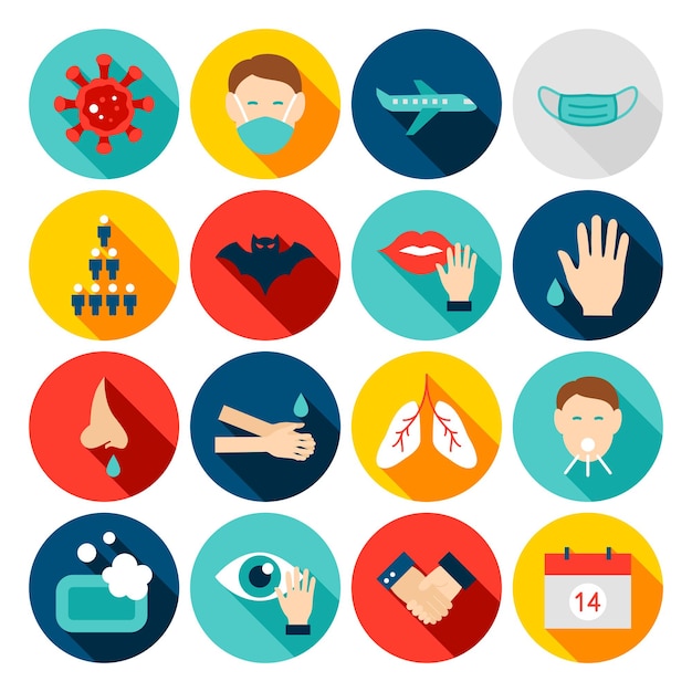 Vector coronavirus prevention flat icons. set of circle medical items with long shadow.