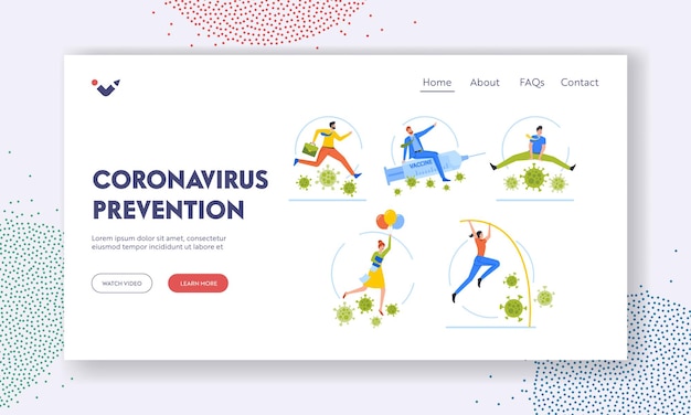 Coronavirus Prevention Landing Page Template Confident Business People Jump Over Pathogen Characters Survive in Crisis