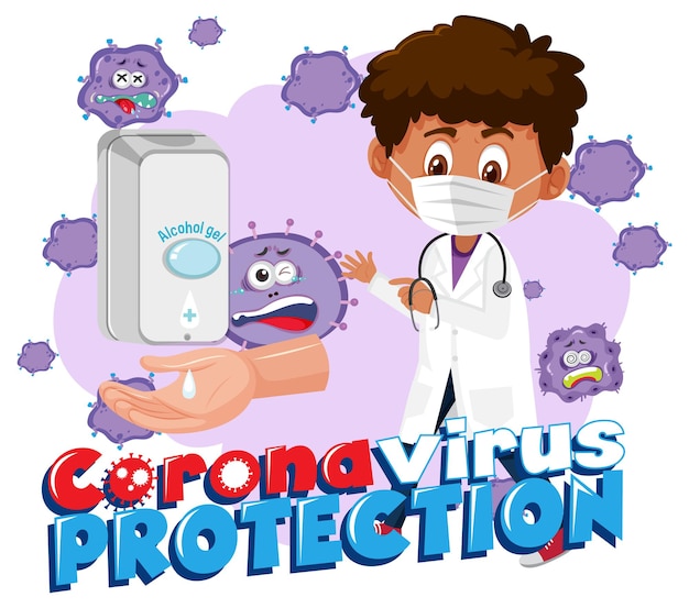 Banner di protezione del coronavirus con un personaggio dei cartoni animati dell'uomo medico