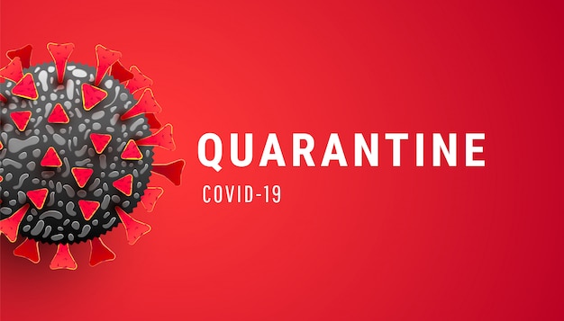 Vector coronavirus quarantaine horizontale banner met virus geïnfecteerde cel op rode achtergrond.