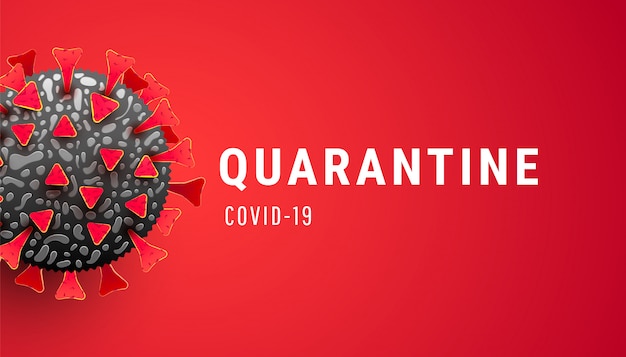 Vector coronavirus quarantaine met virus geïnfecteerde cel op rode achtergrond.