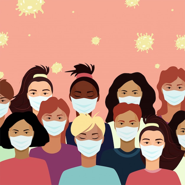 Coronavirus quarantine. people in crowd with white medical face mask. covid-19 pandemic.  illustration.