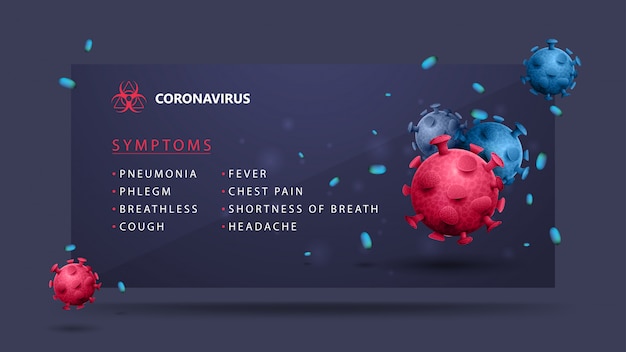 Coronavirus-symptomen, met roze en blauwe coronavirus-moleculen