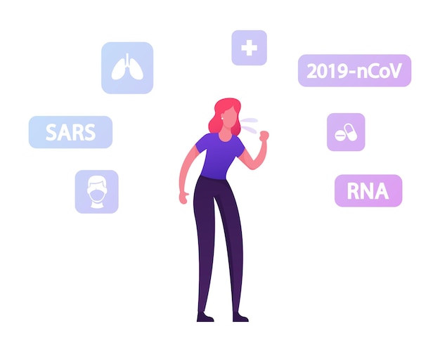 Coronavirus symptomen, preventie en behandeling concept. zieke vrouw hoesten met medische pictogrammen rond