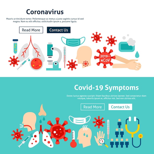 コロナウイルスの症状のバナー。 webヘッダーのベクトル図。医療フラットデザイン。