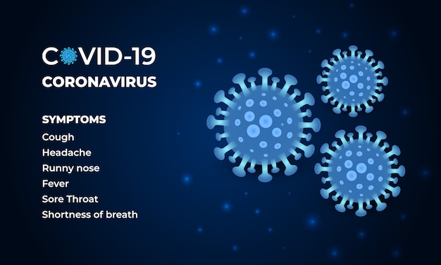 Vettore sintomi di coronavirus su uno sfondo scuro. cellule virali covid-19 su sfondo blu. nuovi sintomi di coronavirus covid-19. segno di virus 2019-ncov.