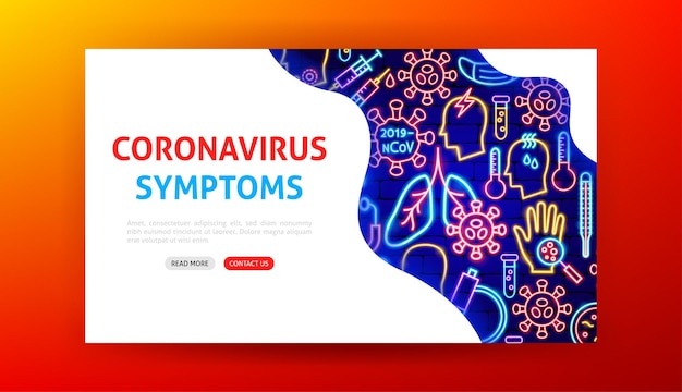 Неоновая целевая страница с симптомами коронавируса. Векторная иллюстрация медицинского продвижения.