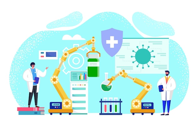 Coronavirus vaccin maken in medisch laboratorium vector illustratie artsen karakter maken medicijnen