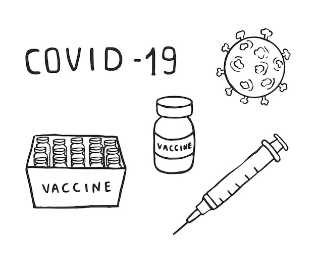 Coronavirus vaccinatie hand getrokken doodle vaccin doos spuit virus vectorillustratie