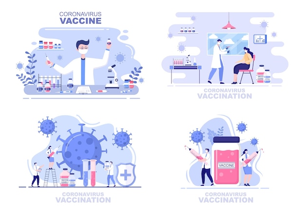 Coronavirus-vaccinatie met spuitinjectie-instrument en medicijnen, help covid 19-vaccins te bieden voor zelfbescherming of het behouden van de gezondheid. vectorillustratie