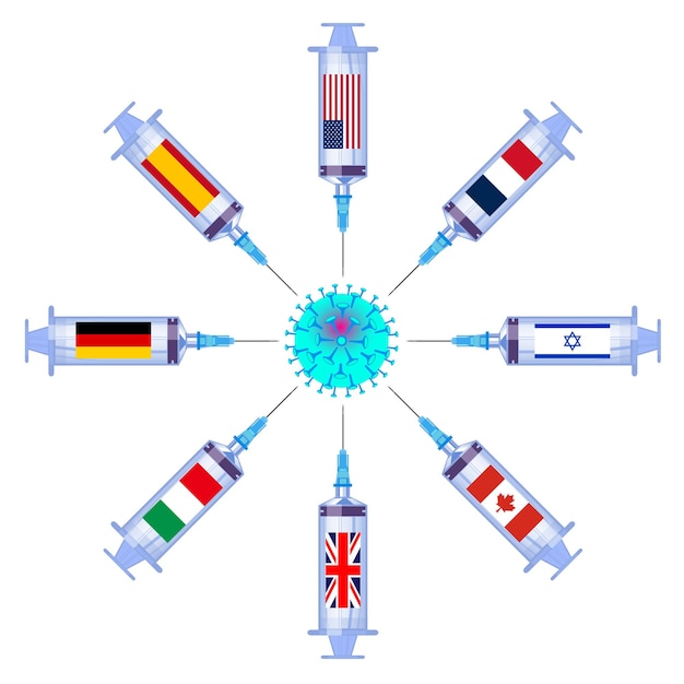 Coronavirus-vaccinatiecampagne covid 19. spuit israël, duitsland en de vs, canada italië tegen virus