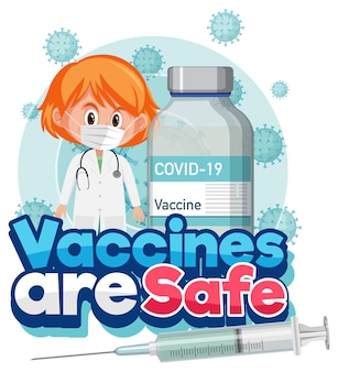 Concetto di vaccinazione contro il coronavirus con personaggio dei cartoni animati e i vaccini sono font sicuri