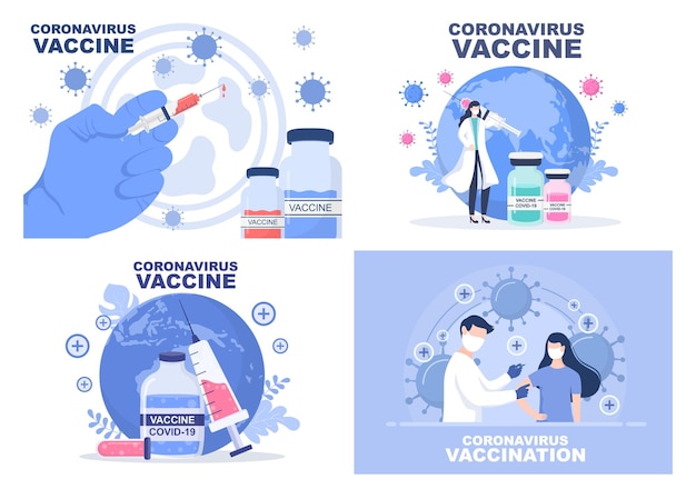 Coronavirus Vaccination With Syringe Injection Tool And Medicine, Help Provide Covid 19 Vaccines For Self-Protection or Maintaining Health. Vector Illustration