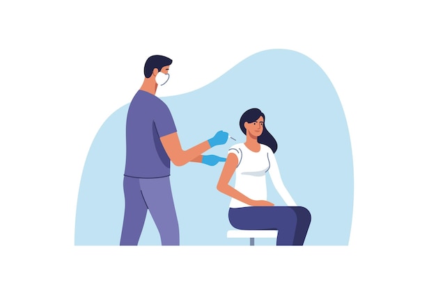 Vector coronavirus vaccination. woman getting vaccinated against covid19 in hospital. doctor giving corona virus vaccine injection injecting patient.  illustration.