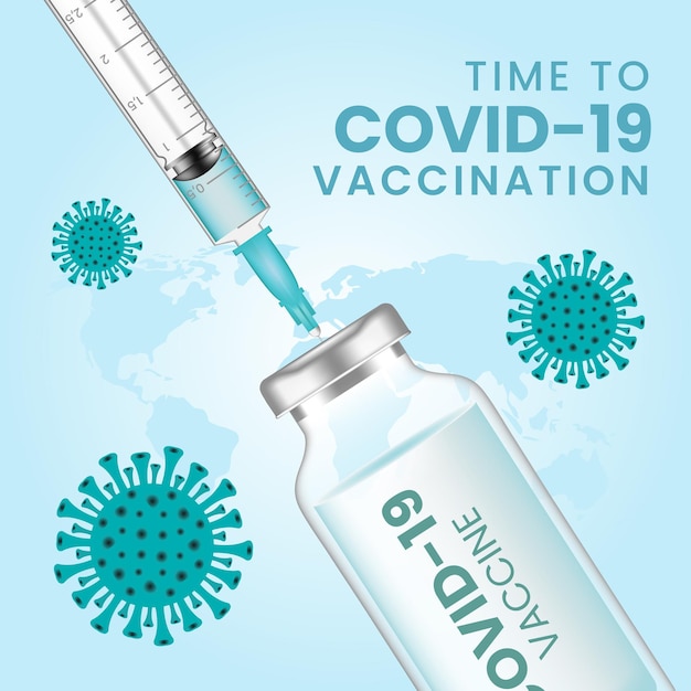 Vettore vaccino contro il coronavirus. vaccinazione contro il virus corona covid-19 con flacone di vaccino e iniezione di siringa per il trattamento di immunizzazione covid-19.