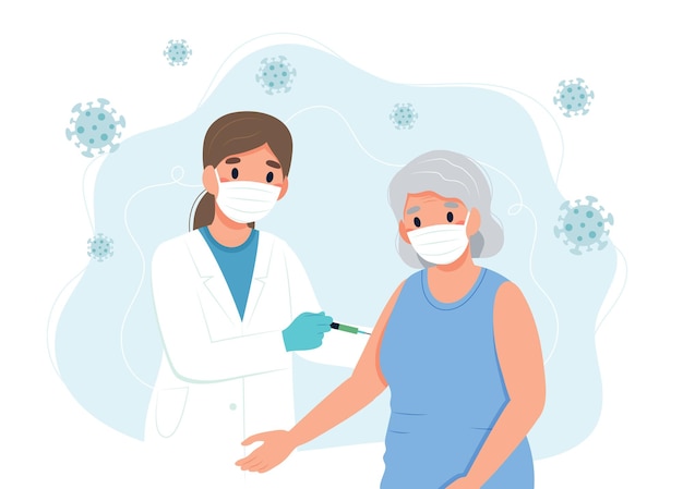 coronavirus vaccine senior woman and a doctor with a syringe concept illustraton