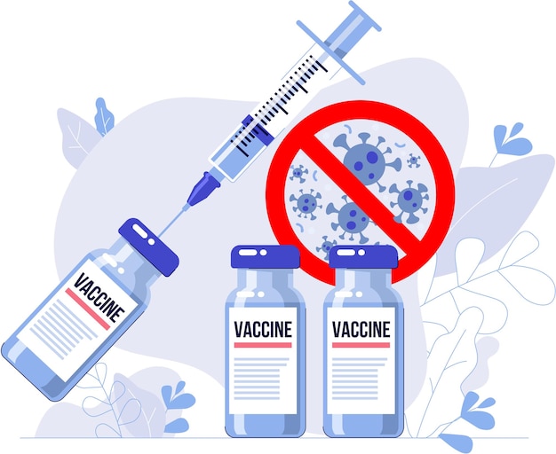 Коронавирусная вакцина и шприц на знаке остановки Covid