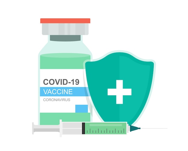 Coronavirus-vaccinspuit met vaccinfles en beschermingsschild