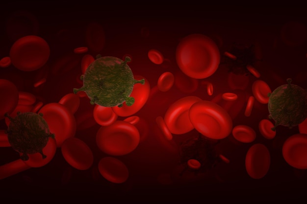 Coronavirus virus in amongst red blood cells in the bloodstream of an infected person, colored vector illustration