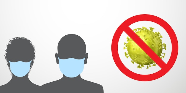 コロナウイルスの警告イラスト禁止標識にウイルスと黒のシルエットが消されている