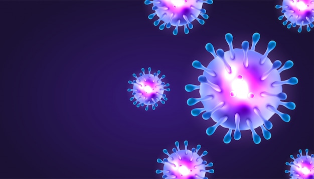 Coronavirus 3d vettoriale realistico in sfondo viola scuro con copia spazio vuoto.